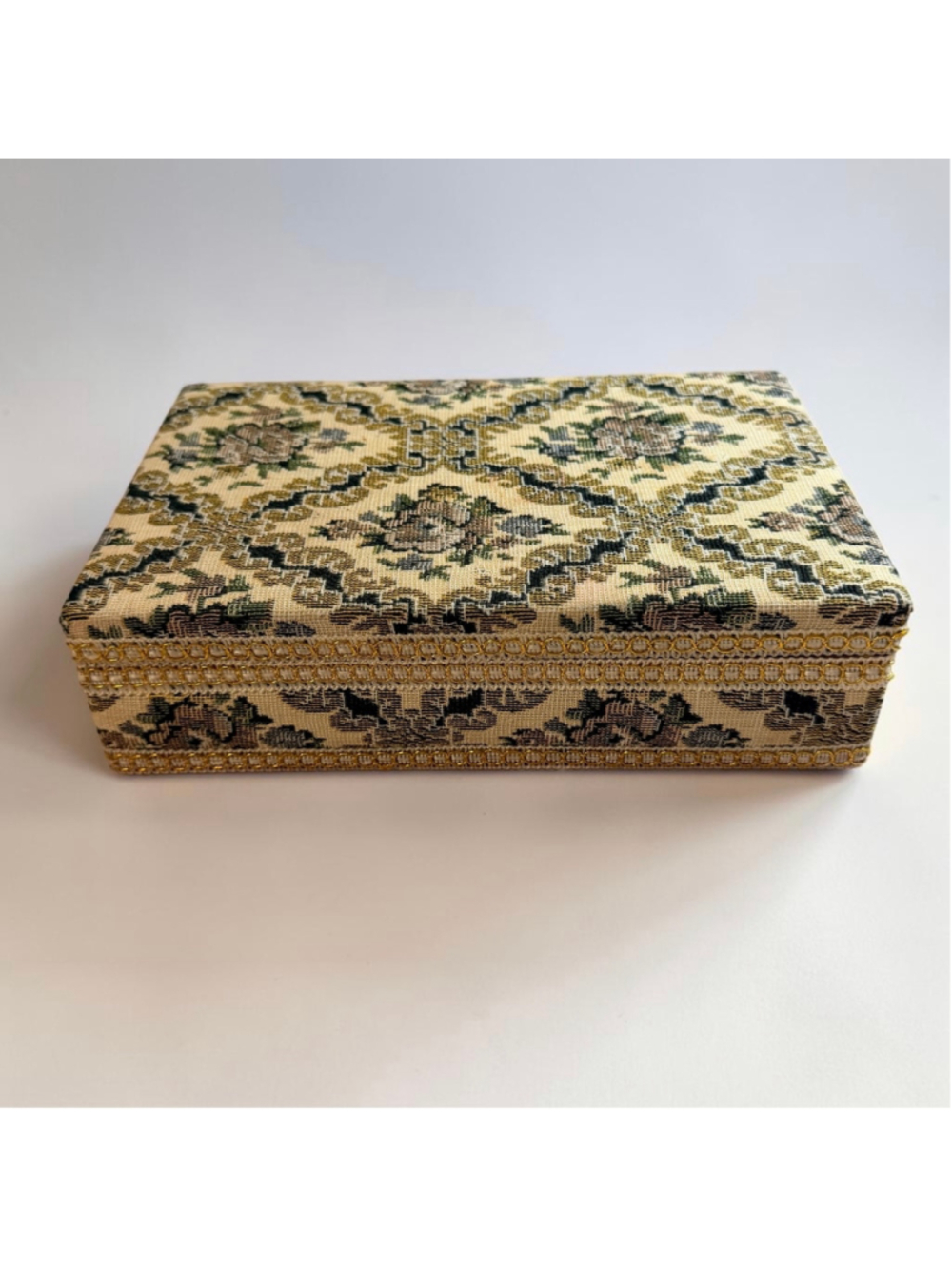 Vintage Floral Tapestry Jewelry Box Red Velvet Interior Mirror Gold Trim